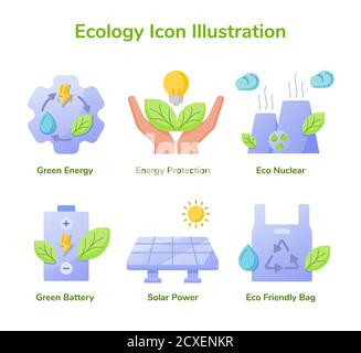 Ökologie Icon Set Kollektion grüne Energie Energie Schutz eco nuklear Grüne Batterie Solarenergie umweltfreundliche Tasche weiß isoliert Hintergrund Mit flach Stock Vektor