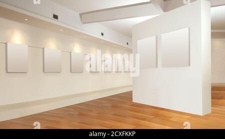 Kunstgalerie mit leerem Rahmen an der Wand Stockfoto