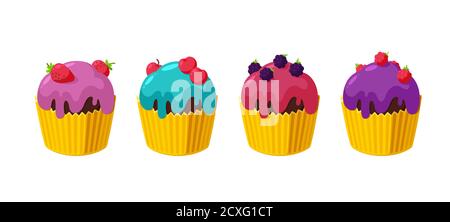 Cupcakes mit Kirsche, Himbeere, Brombeere und Erdbeere. Set Muffins in Papiertasse. Leckere Desserts mit glänzendem Zuckerguss. Vektordarstellung in Stock Vektor