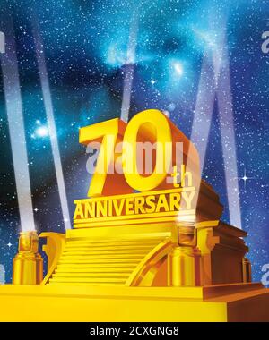 Golden 70 Jahre Jubiläum auf Plattform vor Galaxienhintergrund Stockfoto