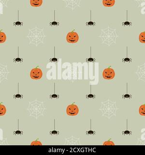 Flache Vektorgrafik. Halloween Nahtloses Muster mit Kürbis, Spinnweben und Spinnen. Verwenden Sie für Web, Notizblock, Hintergrund, Papier. Stock Vektor