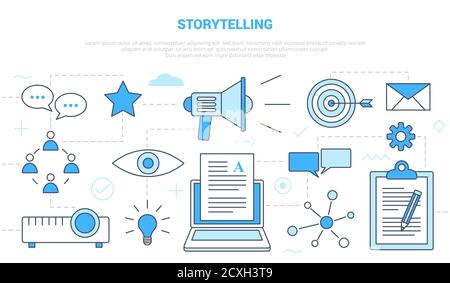 Storytelling Konzept mit Icon Set Template Banner mit modernem Blau Farbstil Stock Vektor