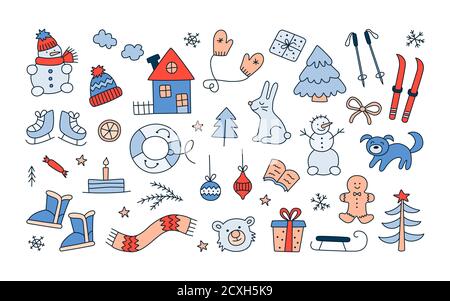 Set von winterweihnachtsobjekten im Doodle-Stil. Handgezeichneter Schneemann, Schal, Fäustlinge, Ski, weihnachtsbaumkugeln. Stock Vektor