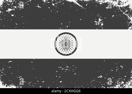 Grunge Stil schwarz und weiß Flagge Indien. Alter Vintage Hintergrund Stock Vektor