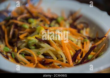 Farbenfroher frischer Wurzelgemüsesalat mit Rote Beete, Karotte, Kohlrabi und mehr. Serviert auf einem Teller Stockfoto