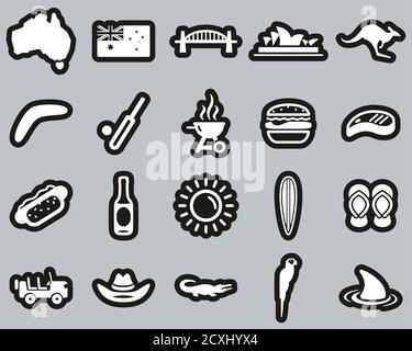 Australien Land & Kultur Icons Weiß Auf Schwarz Sticker Set Groß Stock Vektor