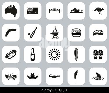 Australien Land & Kultur Ikonen Schwarz & Weiß Flat Design Groß Einstellen Stock Vektor
