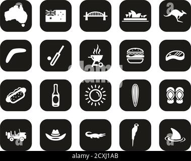 Australien Land & Kultur Ikonen Weiß Auf Schwarz Flat Design Groß Einstellen Stock Vektor