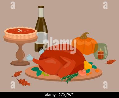 Thanksgiving Dinner mit gebackenem truthahn. Weihnachtsessen im Cartoon-Stil. Stock Vektor