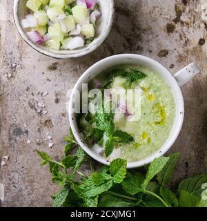 Keramik Tasse Gurke Gazpacho kalte Suppe mit Minze, Zwiebel und Olivenöl, serviert mit Zutaten auf alten Eisen Hintergrund mit Kopierraum. Draufsicht. Stockfoto