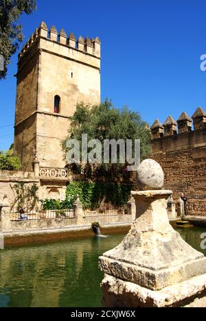 Wassergärten im Palast Festung der christlichen Könige (Alcazar de los Reyes Cristianos) mit der Burg auf der Rückseite, Cordoba, Spanien. Stockfoto