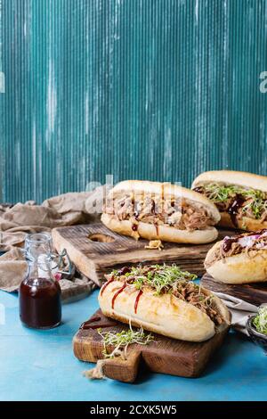 Vielzahl von pulled Pork Sandwiches mit Fleisch, gebratenen Zwiebeln, grünen Sprossen und Bbq Ketchup serviert auf Holz Schneidebrett mit kleinen Flasche Tomaten sauc Stockfoto