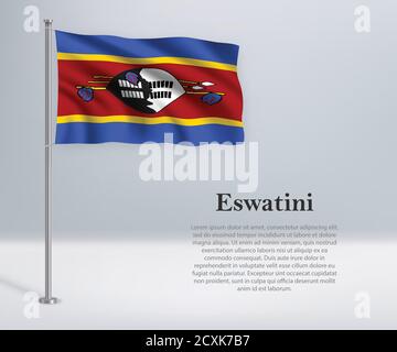 Winkende Flagge von Eswatini auf Fahnenmast. Vorlage für Unabhängigkeit d Stock Vektor