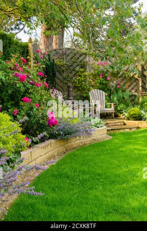 Landschaftlich schöner, sonniger privater Garten (modernes Design, farbenfrohe Sommerblumen, Randpflanzen, Sitzmöbel auf der Terrasse, Rasen) - Yorkshire, England, Großbritannien Stockfoto
