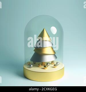 Weihnachten Schneekugel mit goldenen Tannenbaum und Weihnachtskugeln im Inneren, realistische 3D-Illustration, Grußkarte Stockfoto