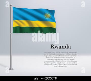 Winkende Flagge Ruandas auf Fahnenmast. Vorlage für Unabhängigkeitstag Stock Vektor