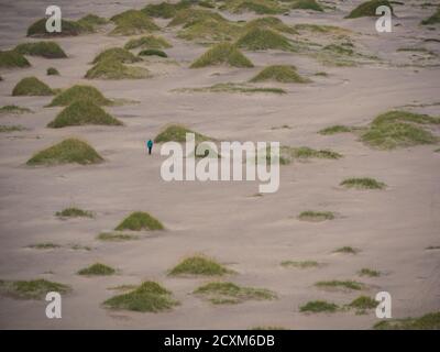 Einsame Frau am tollen, sandigen, schönen Bunes Strand, Lofoten, Norwegen Stockfoto