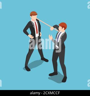 Flach 3d isometrische Lügner Geschäftsmann mit langer Nase spricht Lügen zu Partner. Unehrliches Verhalten und Business Lügner Konzept. Stock Vektor