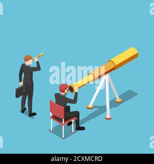 Flache 3d isometrische Geschäftsmann verwenden größere Teleskop als sein Rivale. Unternehmensvision und Wettbewerbskonzept. Stock Vektor