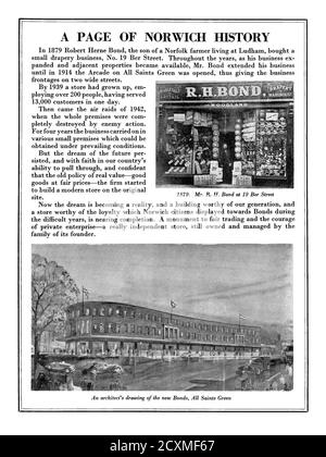 Eine 1951 Anzeige Bonds Kaufhaus, All Saints Green, Norwich, Norfolk, England, Großbritannien. Dies erschien in einer Zeitschrift anlässlich der Festival of Britain Feiern in Norwich in diesem Jahr. Bonds wurde 1879 von Robert H Bond gegründet (Foto oben). Das Geschäft wurde 1914 mit einer Arkade umgebaut und in den 1930er Jahren weiter ausgebaut. Das Geschäft wurde bei den deutschen Luftangriffen 1942 fast vollständig abgebrannt. Robert O Bond entwarf das neue Geschäft (Bodenzeichnung), das 1951 fertiggestellt wurde. 1982 kaufte die John Lewis Partnership Anleihen. Der Name John Lewis wurde 2001 übernommen – Vintage-Grafiken aus den 1950er Jahren. Stockfoto