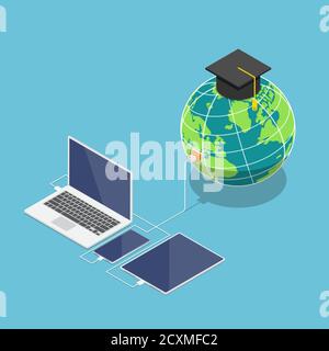 Flache 3d isometrische Welt mit Graduierung Kappe an Laptop-Smartphone und Tablet verbunden. Globale Online-Bildung und E-Learning-Konzept. Stock Vektor