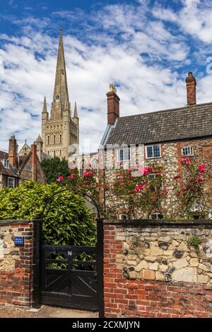 In der Nähe der Kathedrale von Norwich befindet sich die Kathedrale Close mit malerischen georgianischen Gebäuden, Norfolk, England Stockfoto