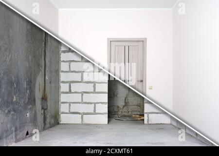 Zimmer mit unfertigen Wänden und ein Zimmer nach der Reparatur. Vor und nach der Renovierung in neuen Wohnungen. Stockfoto