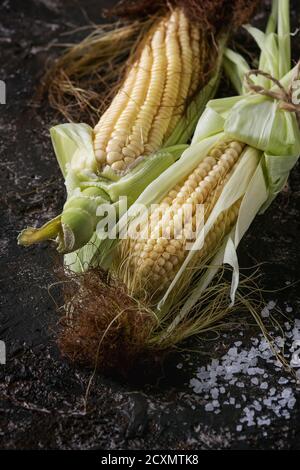 Junge rohe rohe Maiskolben in Blättern und Meersalz. Nahaufnahme über dunkelbraunem Beton-Texturhintergrund. Stockfoto