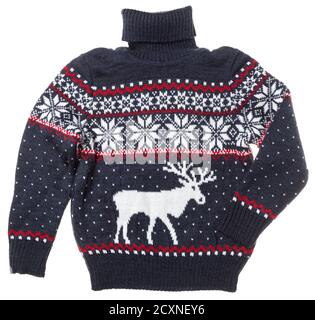 Kinder aus Gewirken Weihnachten Rollkragen-pullover aus traditionellem Design mit Elchen oder Elch Ornament auf weißem Hintergrund Stockfoto