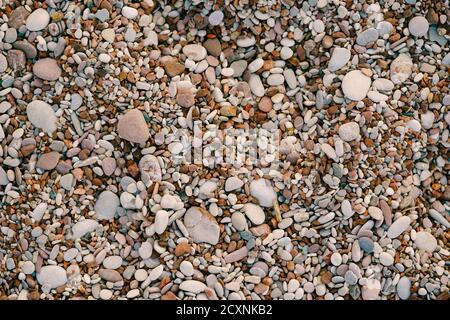 Hintergrund von Meeressteinchen am Strand. Nahaufnahme der Strandstruktur. Stockfoto