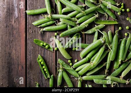 Junge organischen grünen Erbsenschoten und Erbsen über alten dunklen hölzernen Planken Hintergrund. Ansicht von oben mit dem Raum. Ernte, gesund essen. Stockfoto