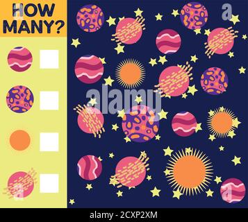 Zählspiel für Vorschulkinder. Pädagogisch ein mathematisches Spiel. Zählen Sie, wie viele Raumschiffe Stock Vektor