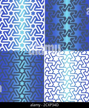 Set aus traditionellen orientalischen geometrischen nahtlosen Mustern. Dekorative blaue Hintergründe. Vektorgrafik. Stock Vektor