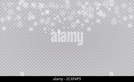 Weißer Schnee fliegt auf einem transparenten Hintergrund. Weihnachten Schneeflocken. Winter Schneesturm Hintergrund Illustration. Stock Vektor