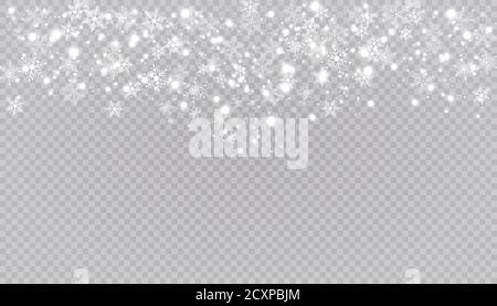 Weißer Schnee fliegt auf einem transparenten Hintergrund. Weihnachten Schneeflocken. Winter Schneesturm Hintergrund Illustration. Stock Vektor