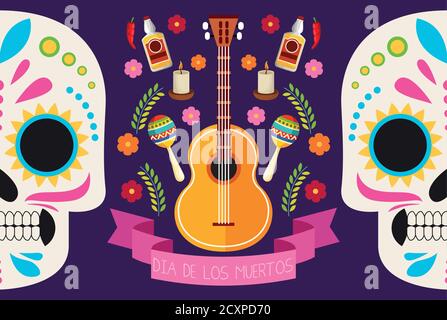 dia de los muertos Feier Poster mit Totenköpfen paar und Festlegen von Symbolen für Vektorgrafik Stock Vektor
