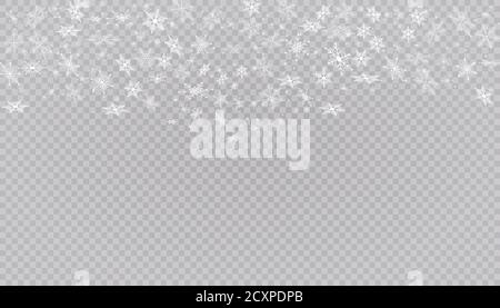 Weißer Schnee fliegt auf einem transparenten Hintergrund. Weihnachten Schneeflocken. Winter Schneesturm Hintergrund Illustration. Stock Vektor