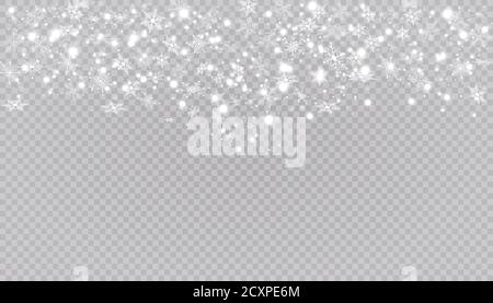 Weißer Schnee fliegt auf einem transparenten Hintergrund. Weihnachten Schneeflocken. Winter Schneesturm Hintergrund Illustration. Stock Vektor