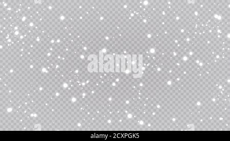 Weißer Schnee fliegt auf einem transparenten Hintergrund. Weihnachten Schneeflocken. Winter Schneesturm Hintergrund Illustration. Stock Vektor