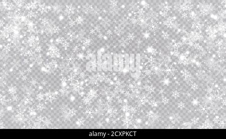 Weißer Schnee fliegt auf einem transparenten Hintergrund. Weihnachten Schneeflocken. Winter Schneesturm Hintergrund Illustration. Stock Vektor