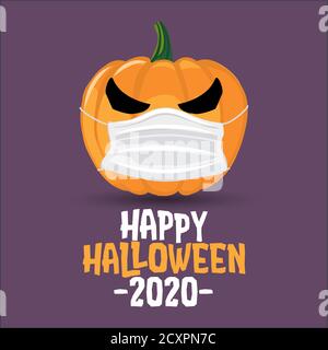 Happy Halloween 2020 - lustige Kürbis Laterne Illustration in Maske, Schriftzug Print. Vektor humorvolle Illustration mit niedlichen Geist mit Gesichtsmaske. Gut Stock Vektor