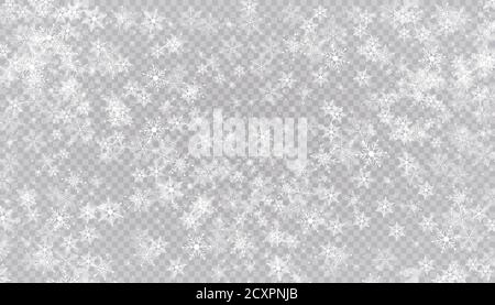 Weißer Schnee fliegt auf einem transparenten Hintergrund. Weihnachten Schneeflocken. Winter Schneesturm Hintergrund Illustration. Stock Vektor