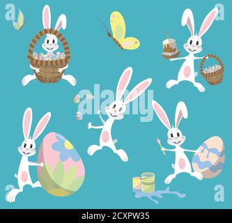 Lustige osterkaninchen im flachen Stil. Stock Vektor