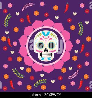 dia de los muertos Feier Poster mit Totenkopf und Blumen vektorgrafik Design Stock Vektor