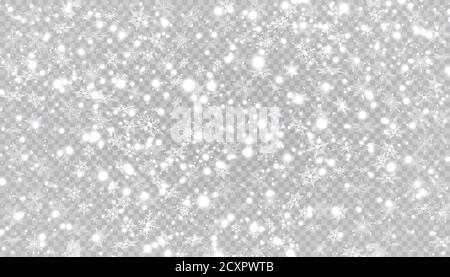 Weißer Schnee fliegt auf einem transparenten Hintergrund. Weihnachten Schneeflocken. Winter Schneesturm Hintergrund Illustration. Stock Vektor