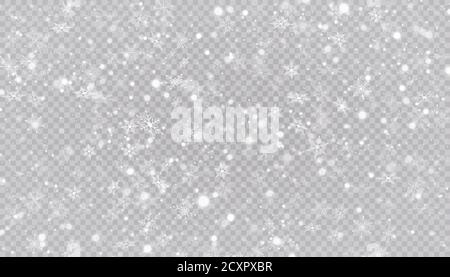 Weißer Schnee fliegt auf einem transparenten Hintergrund. Weihnachten Schneeflocken. Winter Schneesturm Hintergrund Illustration. Stock Vektor
