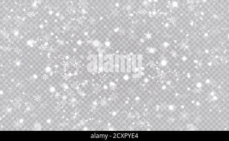 Weißer Schnee fliegt auf einem transparenten Hintergrund. Weihnachten Schneeflocken. Winter Schneesturm Hintergrund Illustration. Stock Vektor