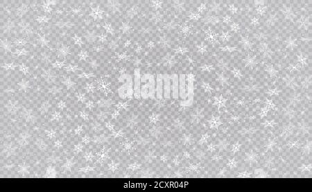 Weißer Schnee fliegt auf einem transparenten Hintergrund. Weihnachten Schneeflocken. Winter Schneesturm Hintergrund Illustration. Stock Vektor