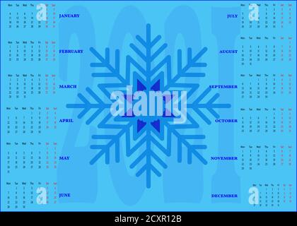 Der Kalender für 2021 ist blau mit einer Schneeflocke in der Mitte. Stock Vektor