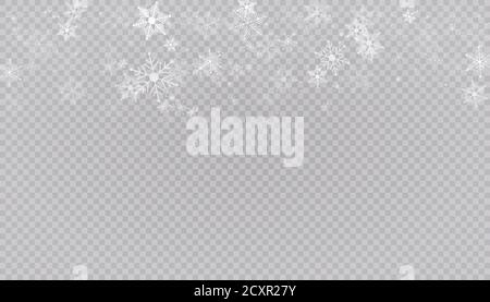 Weißer Schnee fliegt auf einem transparenten Hintergrund. Weihnachten Schneeflocken. Winter Schneesturm Hintergrund Illustration. Stock Vektor